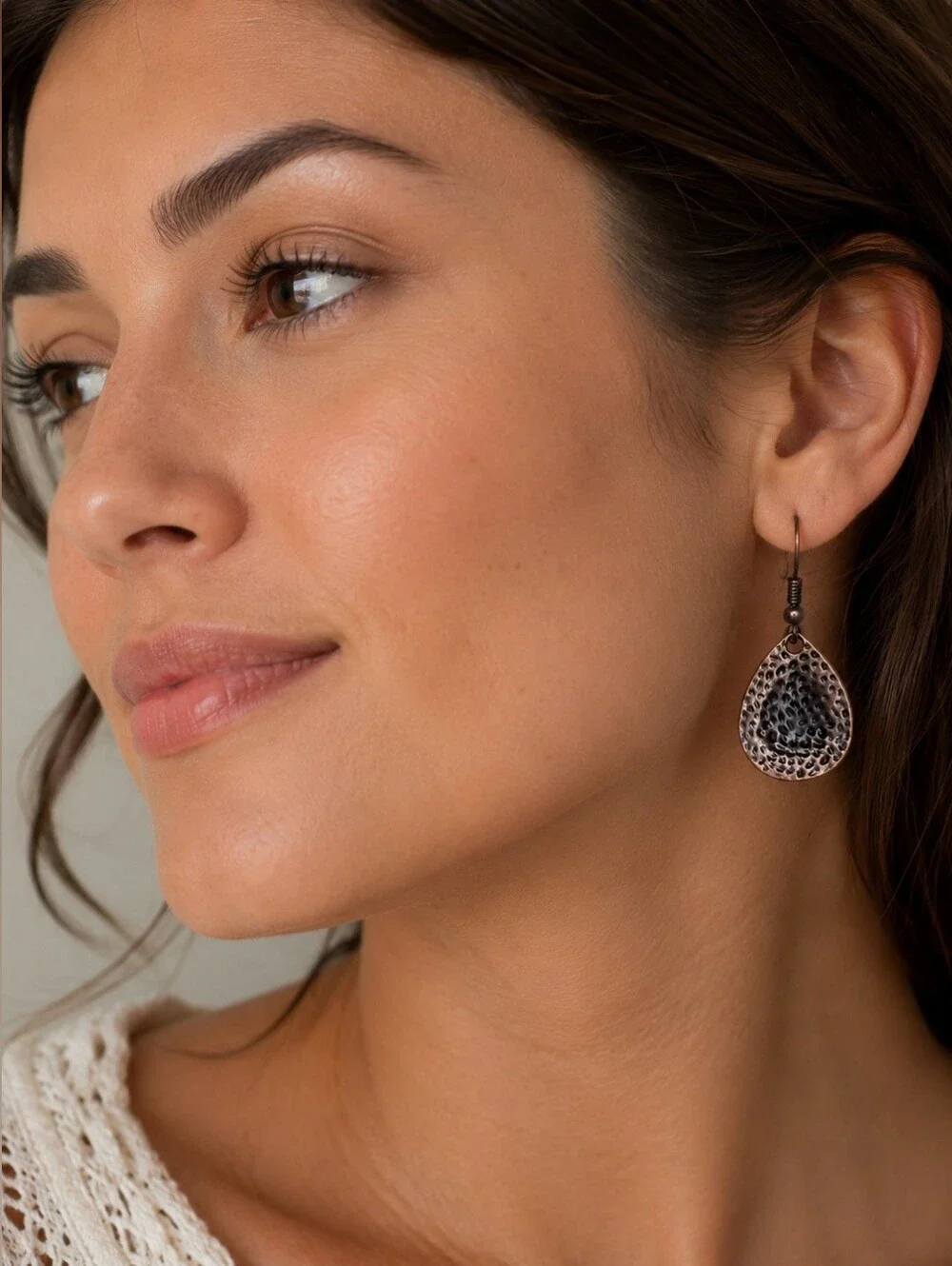 Rustic Copper Tone Hammered Teardrop Pear Dangle Earrings Dainty Fashion Jewelry